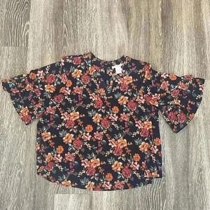 Womens Urban Romantics Black Floral Ruffle Sleeve Blouse - M